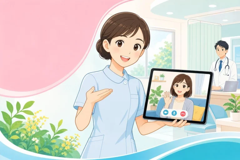 タブレットを使ったオンライン診療を案内する看護師のイラスト