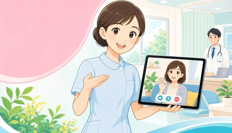 タブレットを使ったオンライン診療を案内する看護師のイラスト