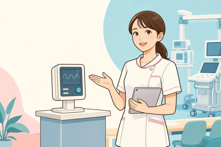 医療機器を説明するタブレットを持った看護師のイラスト