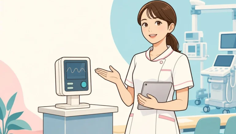 医療機器を説明するタブレットを持った看護師のイラスト