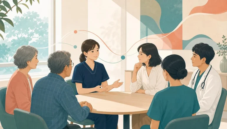 患者・家族と多職種の対話を看護師が支える臨床倫理支援のイラスト