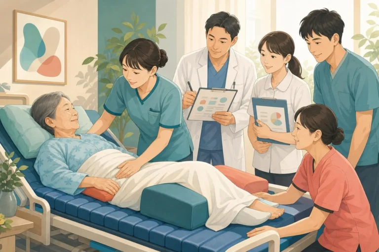 病院で褥瘡予防のために患者の体位と寝具を確認する多職種チームのイラスト