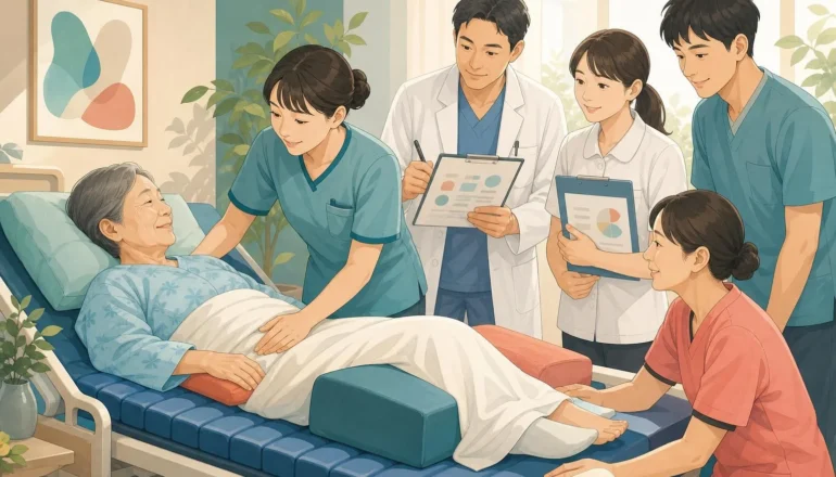 病院で褥瘡予防のために患者の体位と寝具を確認する多職種チームのイラスト