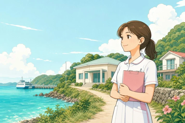 離島の診療所と海を背景に、地域医療を支える看護師を描いたイラスト