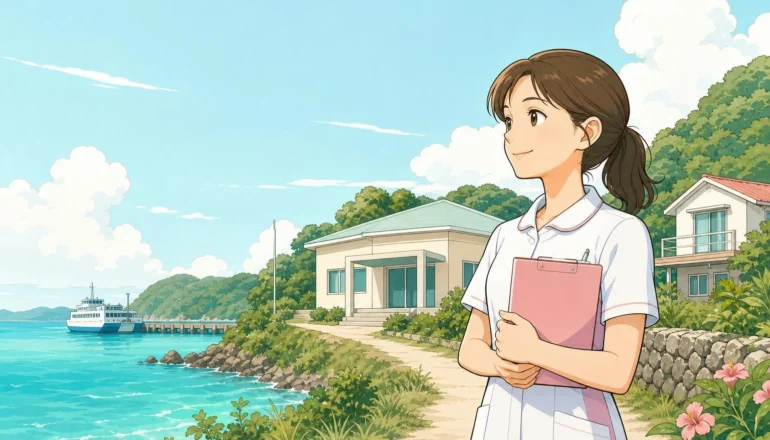 離島の診療所と海を背景に、地域医療を支える看護師を描いたイラスト