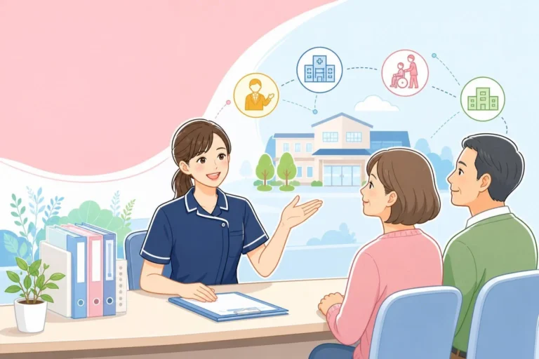 難病患者と家族の相談を受け、支援先を案内する看護師相談員のイラスト