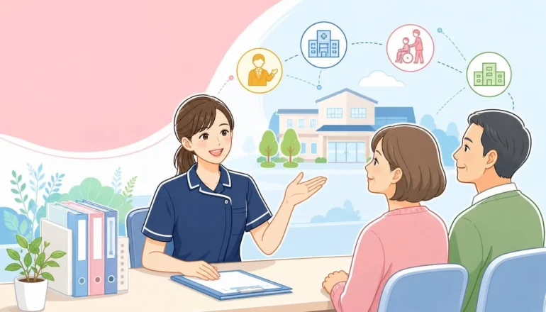 難病患者と家族の相談を受け、支援先を案内する看護師相談員のイラスト