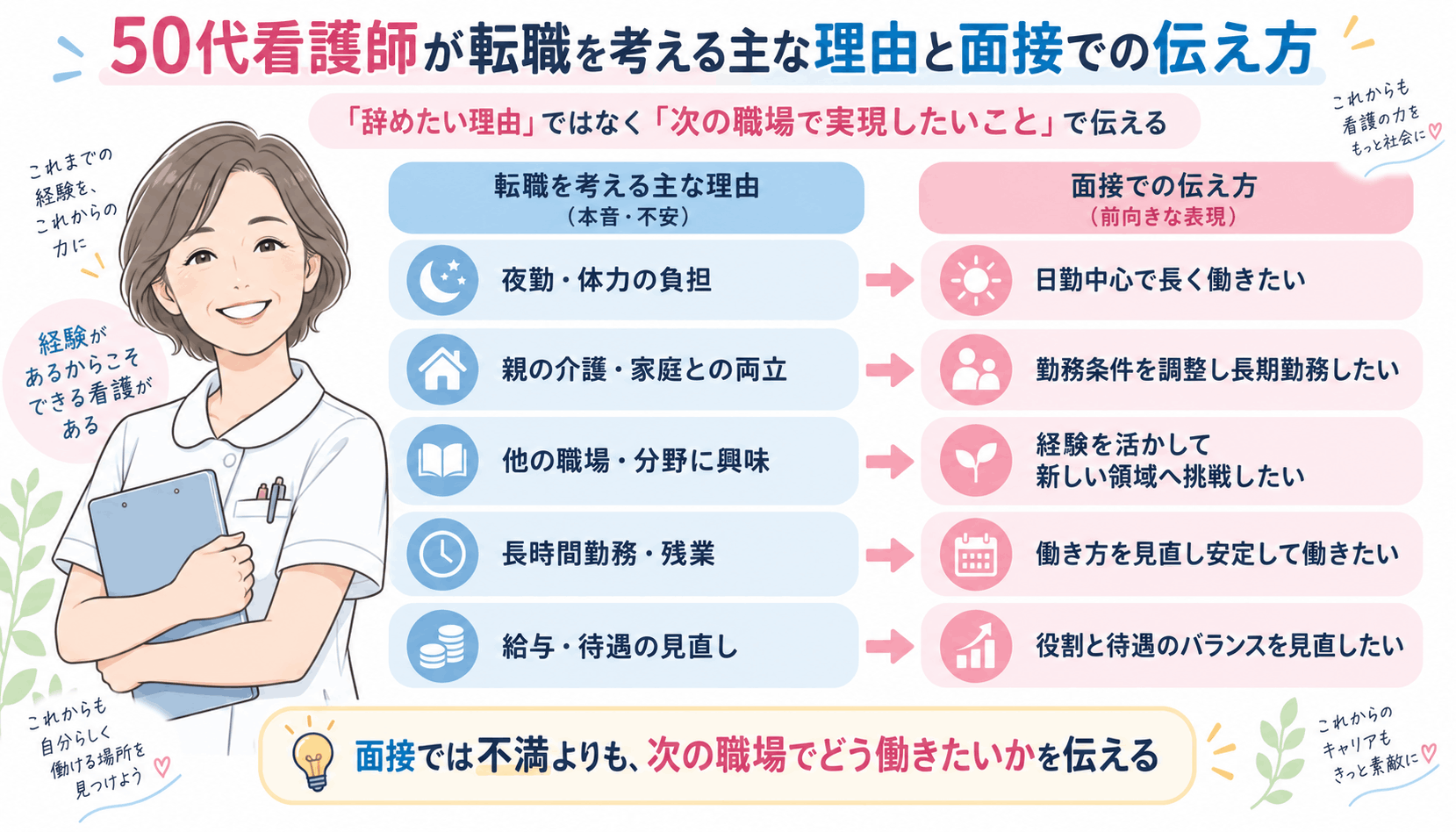 50代看護師が転職を考える主な理由と面接での前向きな伝え方
